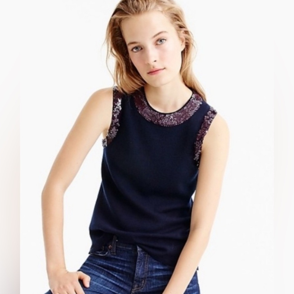 J.Crew Merino Wool Blend Sequin Trim Sleeveless Sweater Top XS Navy